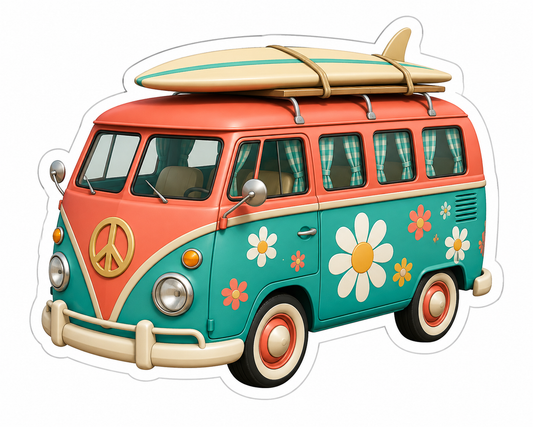 Coral And Teal Retro Camper Van Decorated Vinyl Sticker Decal