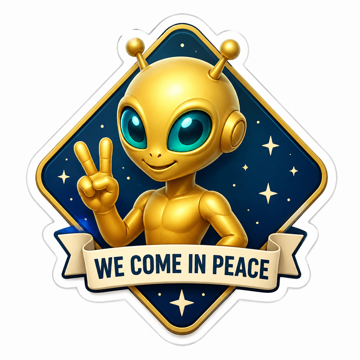 We Come in Peace Gold Alien Peace Sign Vinyl Sticker Decal