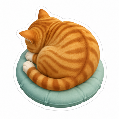 Curled Ginger Tabby Cat Pale Teal Cushion Vinyl Sticker Decal