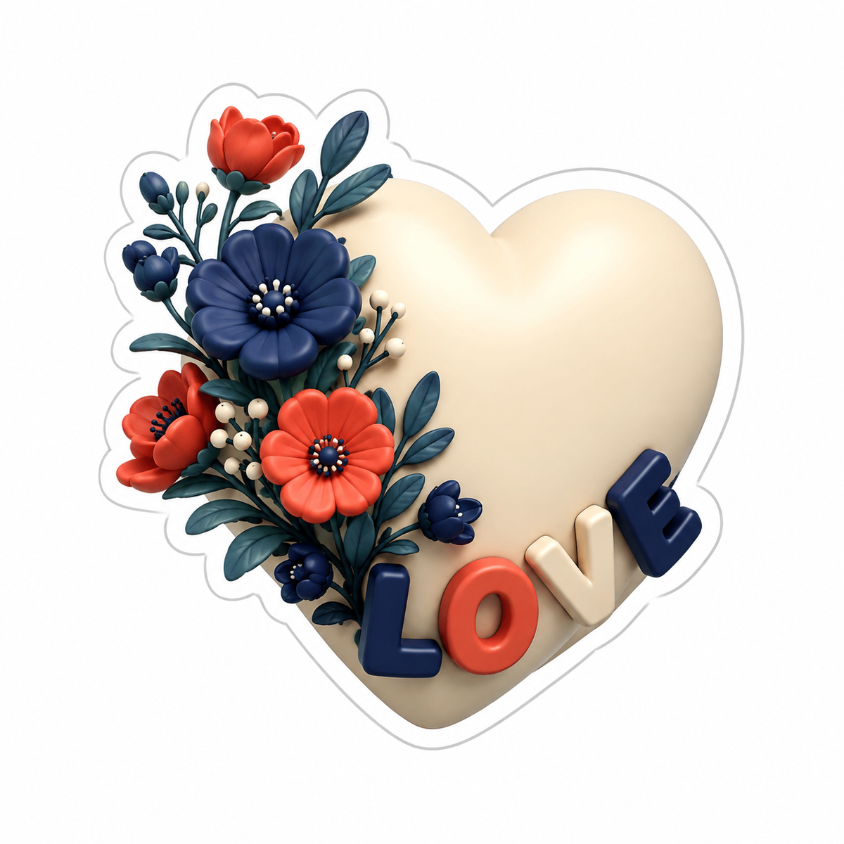 Ivory Heart Navy Coral Wildflowers Vinyl Sticker Decal