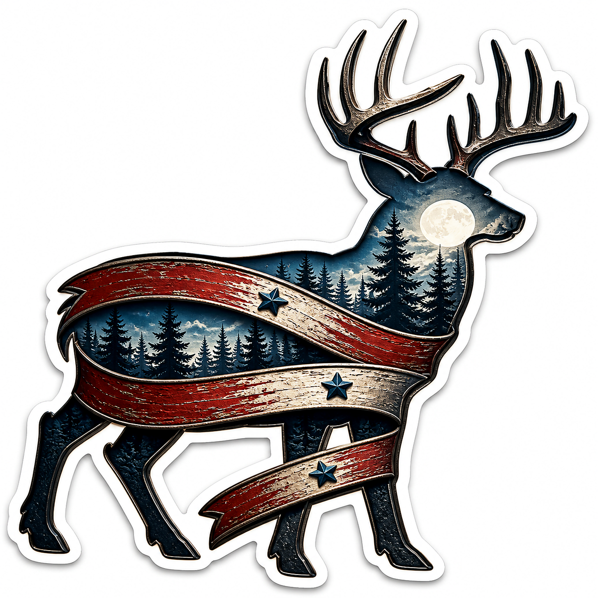 American Flag Deer Silhouette Forest Vinyl Sticker Decal