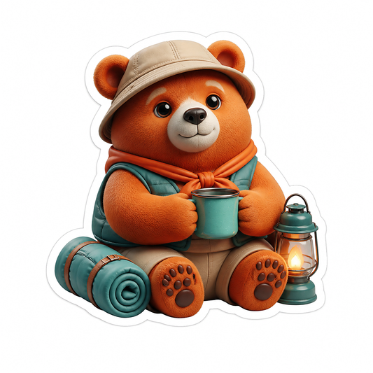 Teddy Bear Camper Holding Mug Lantern Vinyl Sticker Decal