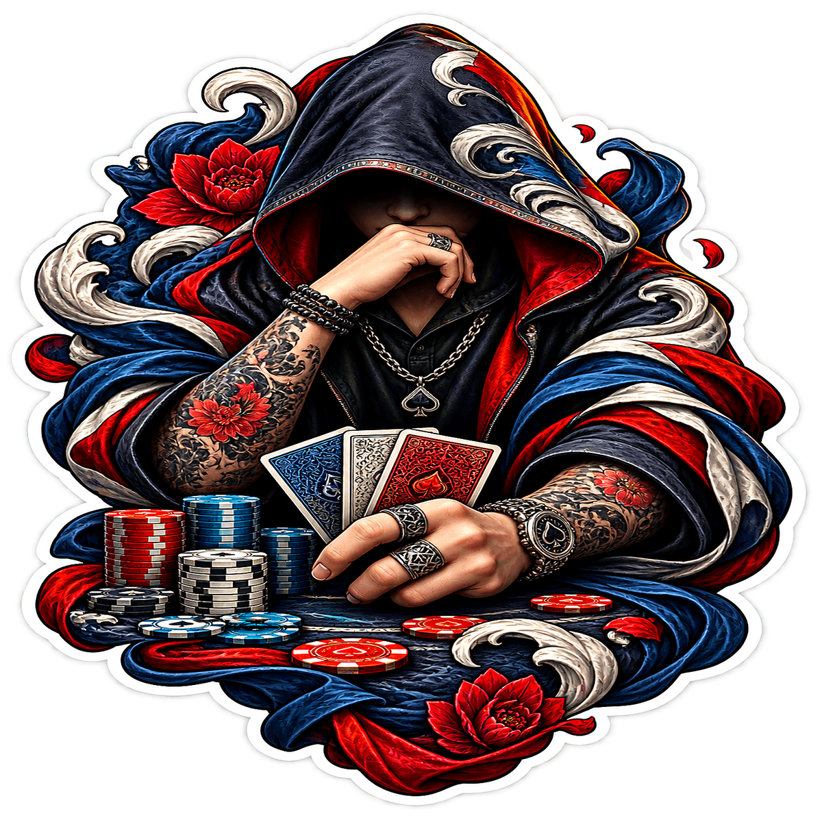 Hooded Card Player with Red Roses Vinyl Sticker Decal