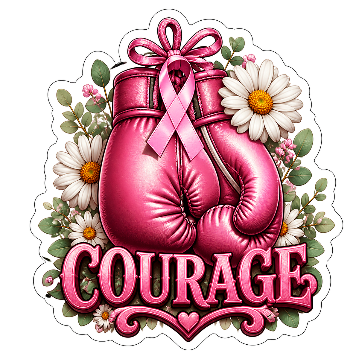 Courage Pink Boxing Gloves and Daisies Vinyl Sticker Decal