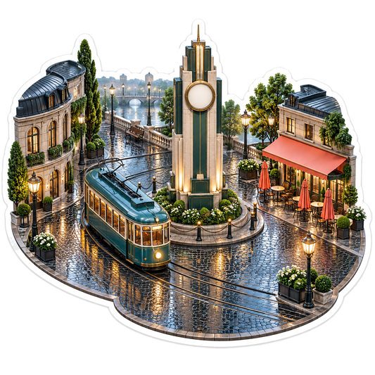 Teal Tram Rainy Art Deco Plaza Vinyl Sticker Decal