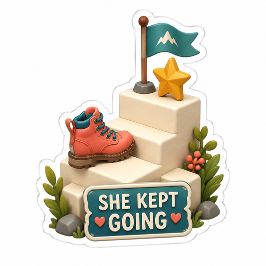 She Kept Going Steps with Hiking Boot and Star Vinyl Sticker Decal