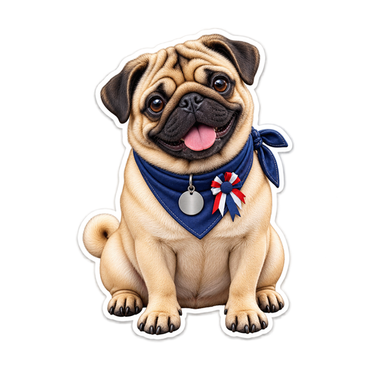 Happy Pug with Navy Patriotic Bandana Vinyl Sticker Decal