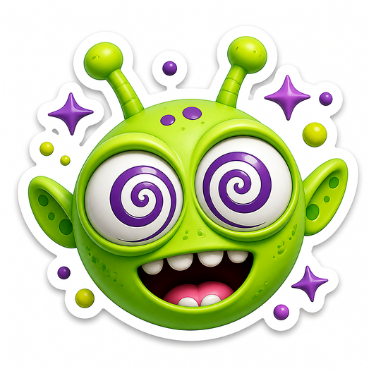 Green Alien with Purple Spiral Eyes Vinyl Sticker Decal