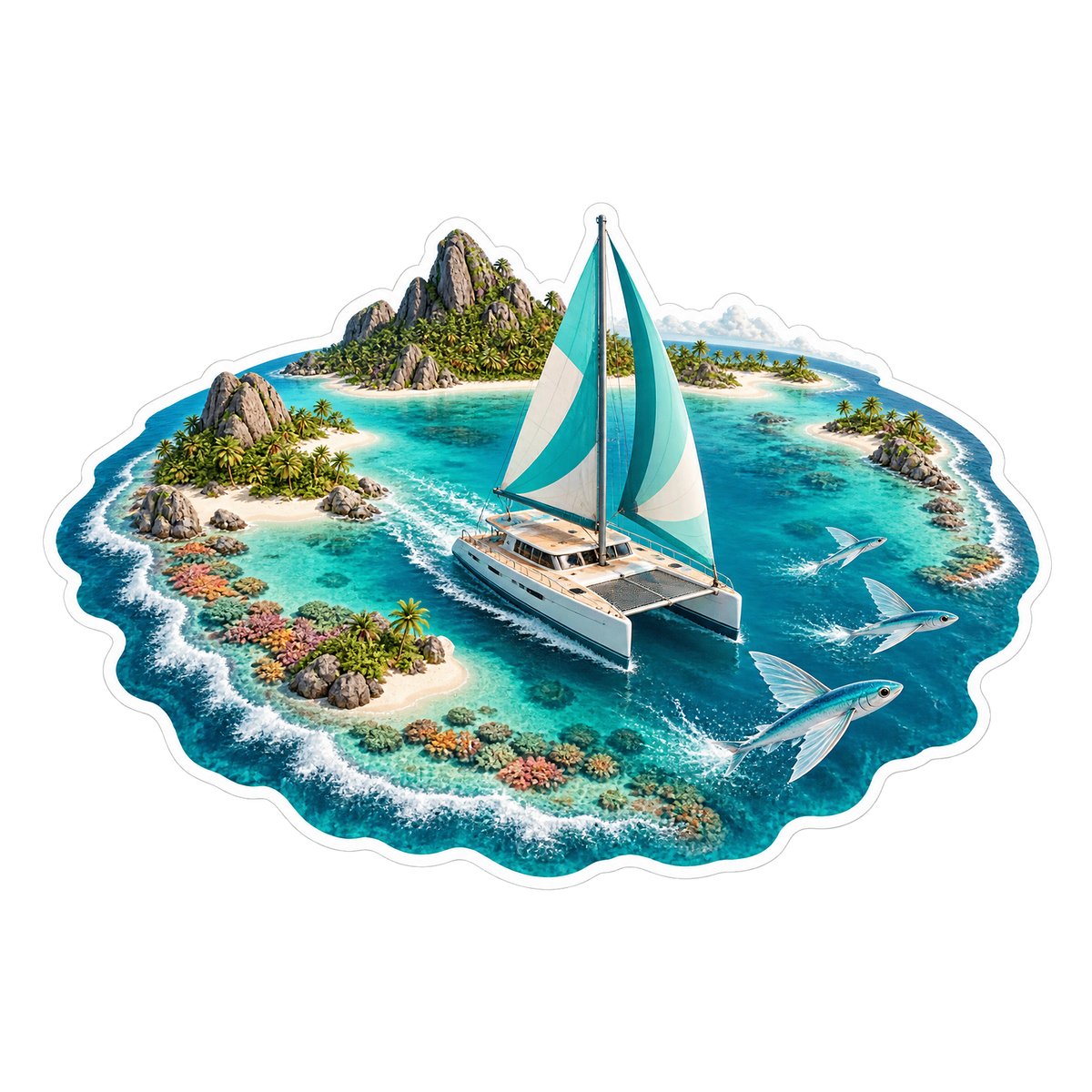 Coral Atoll Catamaran Flying Fish Vinyl Sticker Decal