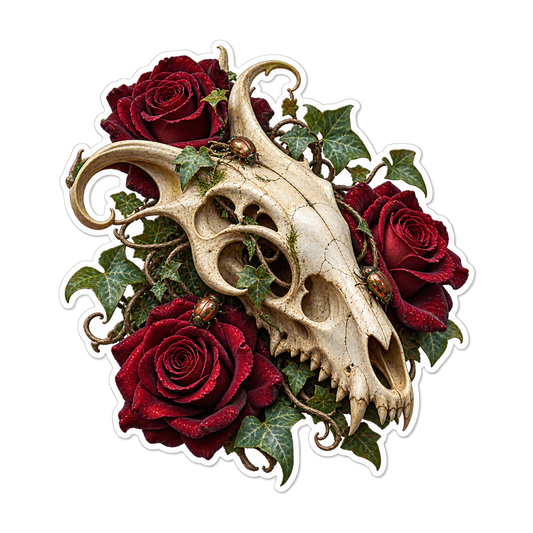 Horned Animal Skull with Burgundy Roses Vinyl Sticker Decal