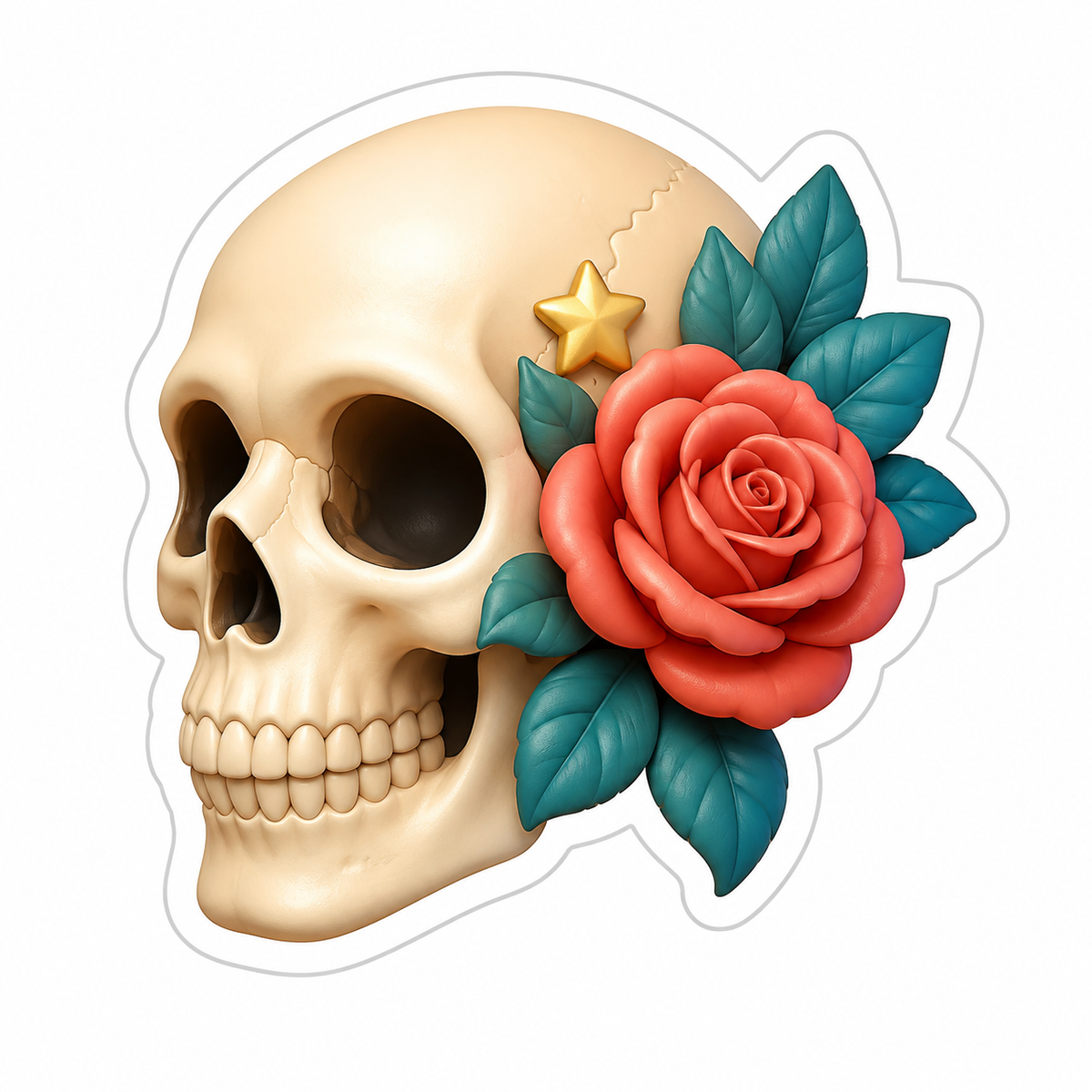 Ivory Skull with Coral Rose Teal Leaves Vinyl Sticker Decal