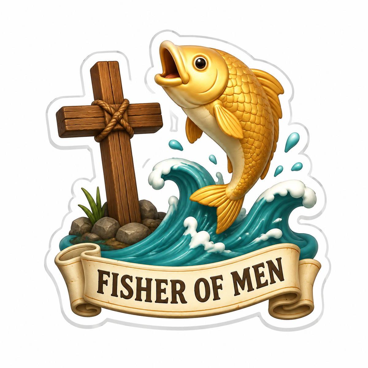 Fisher of Men Cross and Golden Fish Vinyl Sticker Decal