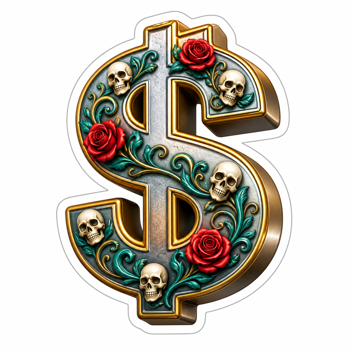 Ornate Gold Teal Dollar Sign Skulls Roses Vinyl Sticker Decal