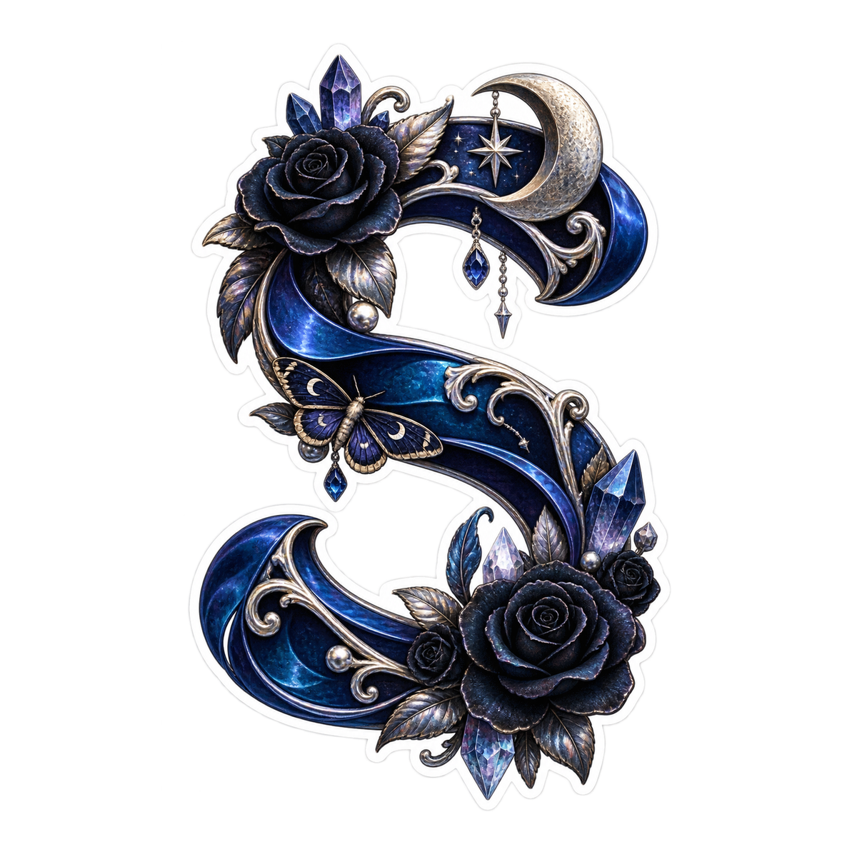 Ornate Navy Letter S with Moon Roses Vinyl Sticker Decal