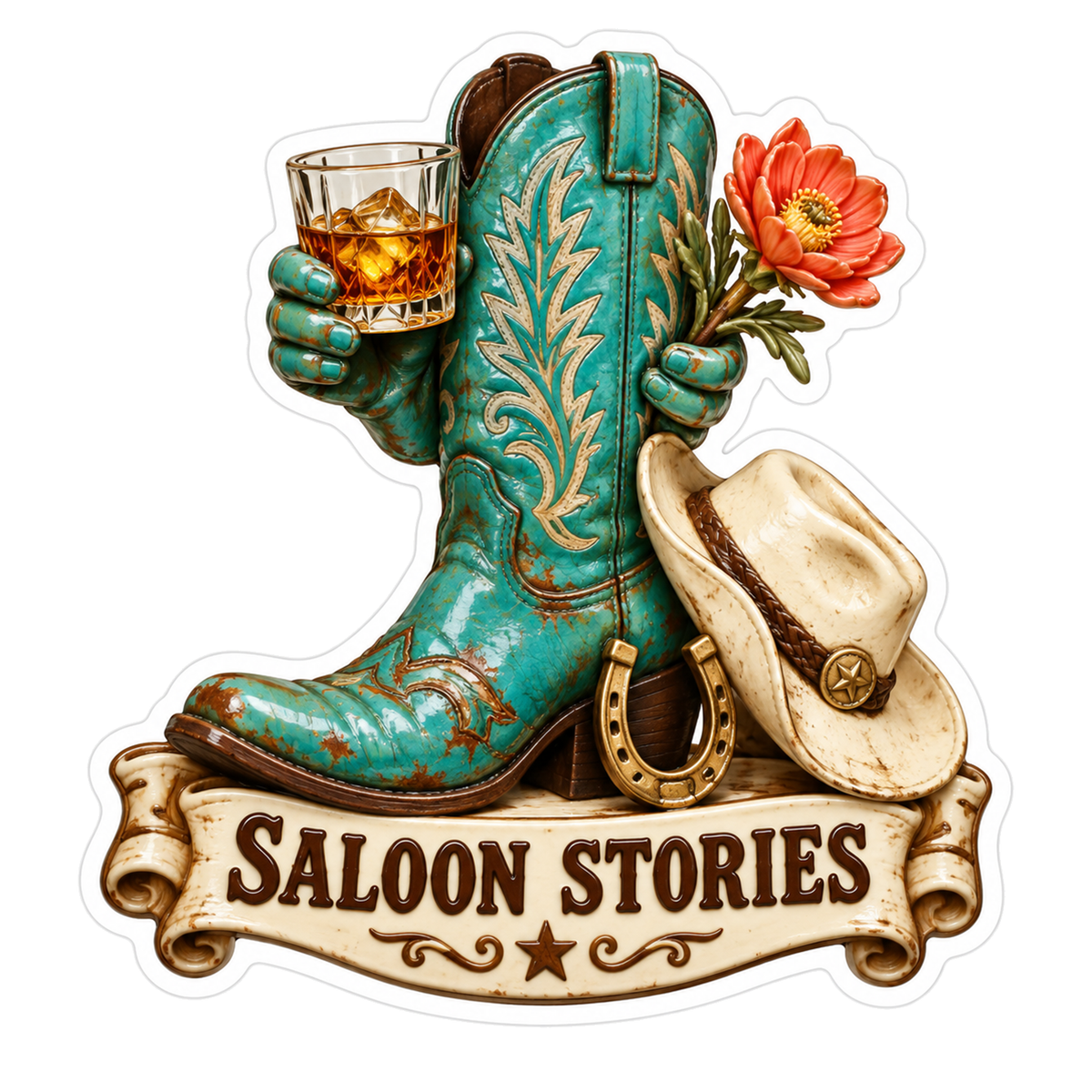 Turquoise Cowboy Boot Whiskey Hat Horseshoe Vinyl Sticker Decal