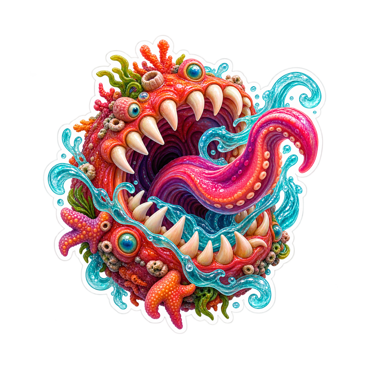 Colorful Ocean Monster Mouth Pink Tongue Vinyl Sticker Decal
