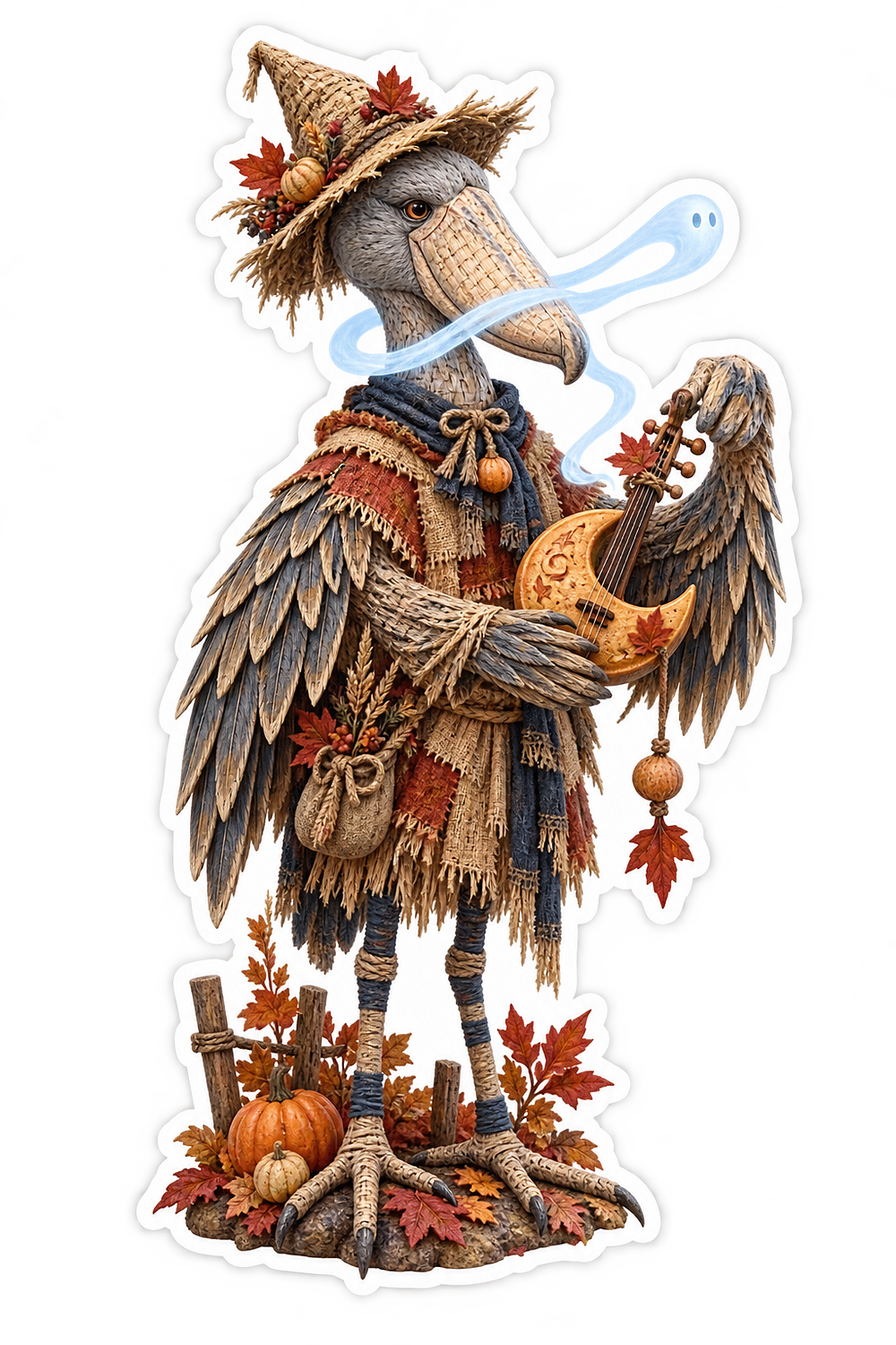 Woven Raffia Shoebill Gourd Fiddle Scarecrow Vinyl Sticker Decal