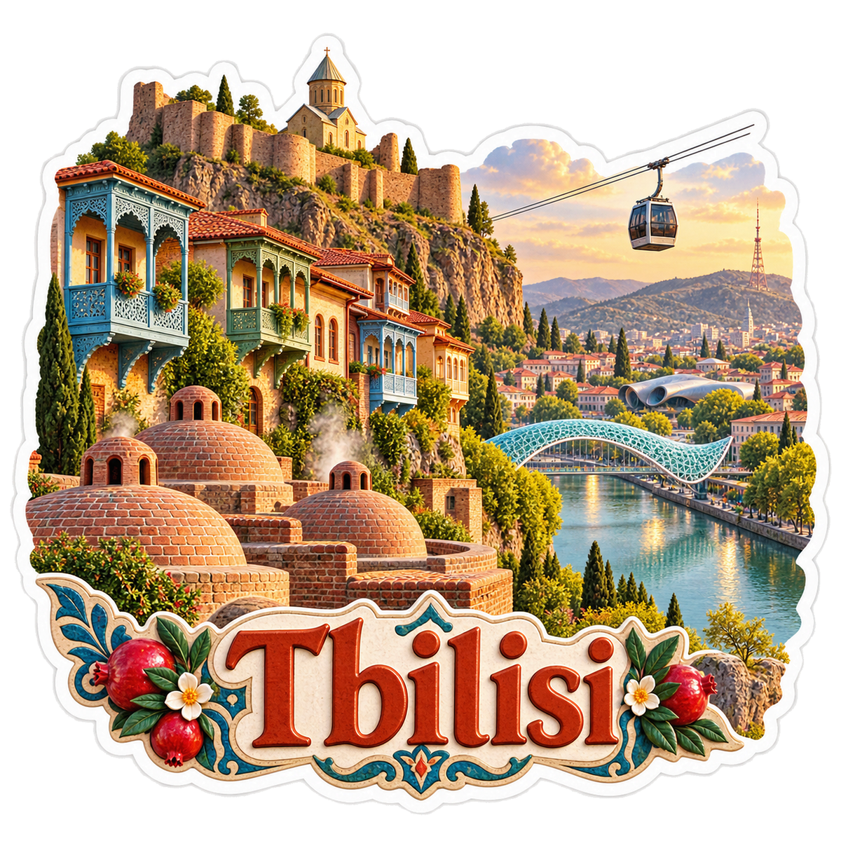 Tbilisi Balcony Baths River Cable Car Vinyl Sticker Decal