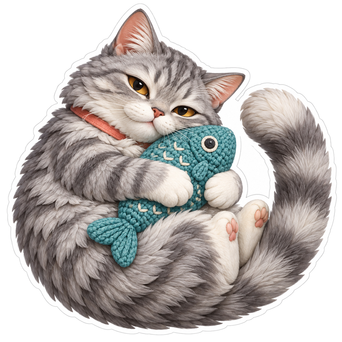 Silver Tabby Cat Hugging Fish Cushion Vinyl Sticker Decal