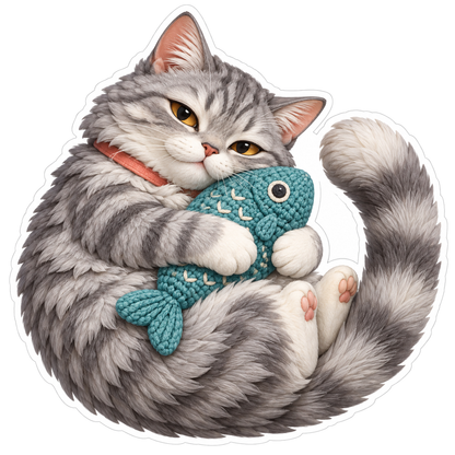 Silver Tabby Cat Hugging Fish Cushion Vinyl Sticker Decal
