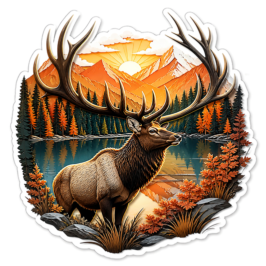 Elk at Sunset Mountain Lake Vinyl Sticker Decal