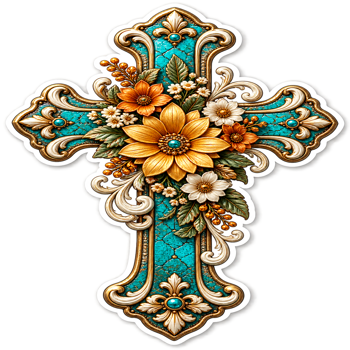 Turquoise Gold Cross with Yellow Flowers Vinyl Sticker Decal