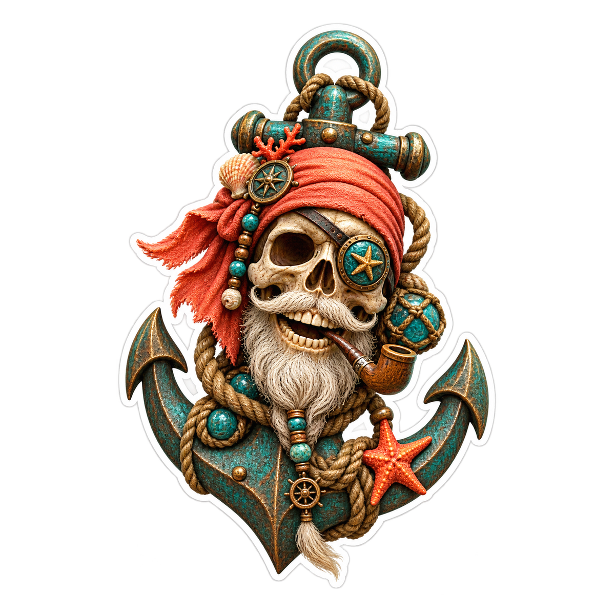 Pirate Skull Coral Bandana Decorated Anchor Vinyl Sticker Decal