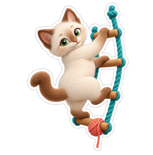 Cream Kitten Climbing Teal Rope Ladder Vinyl Sticker Decal