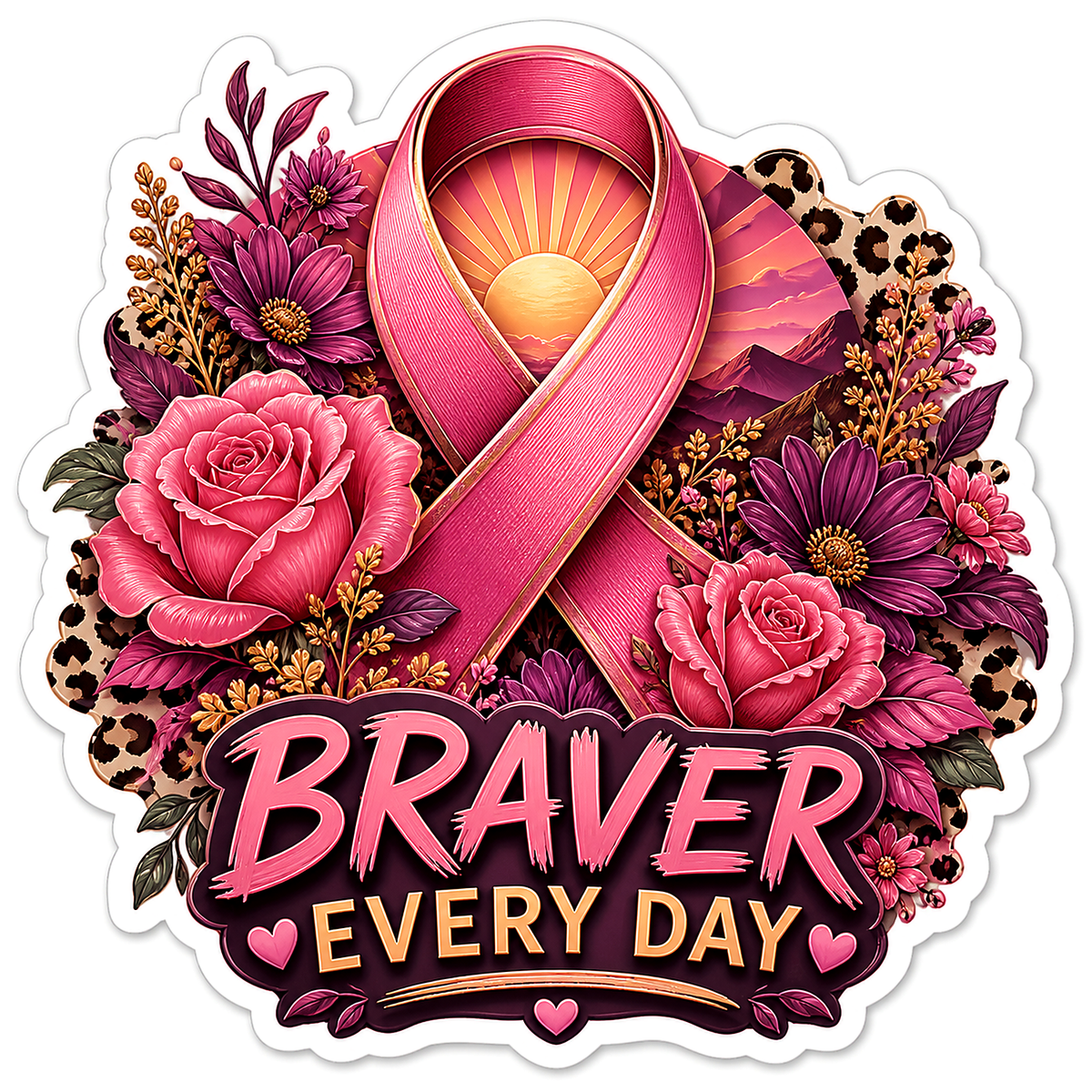 Braver Every Day Pink Ribbon and Roses Vinyl Sticker Decal