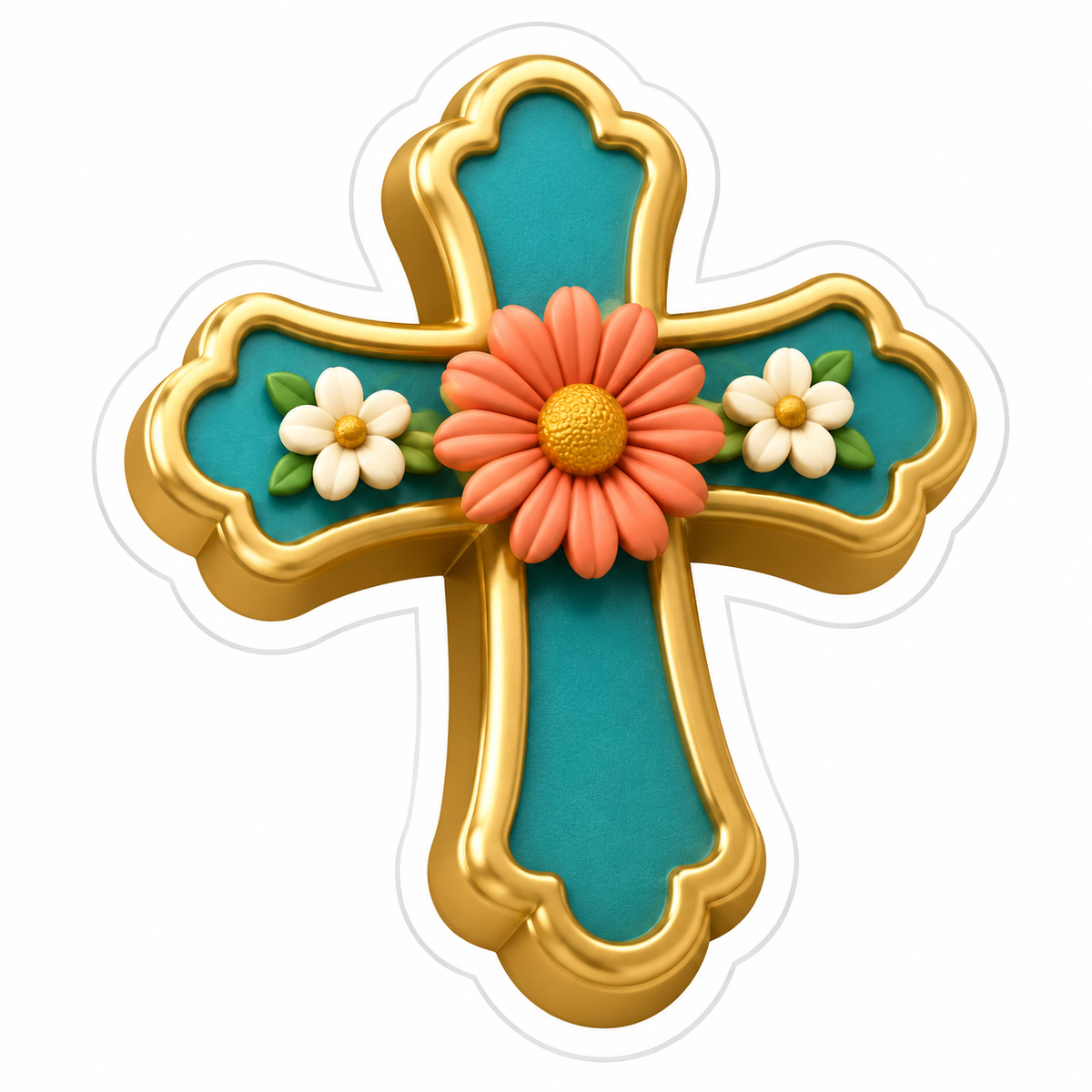 Teal Gold Cross with Orange Daisy Vinyl Sticker Decal