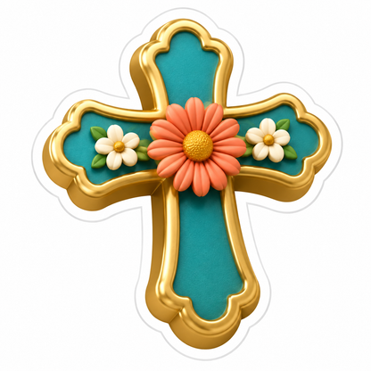 Teal Gold Cross with Orange Daisy Vinyl Sticker Decal