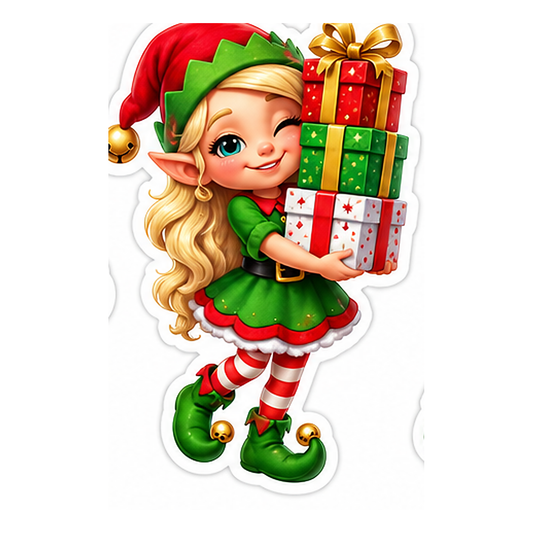 Christmas Elf Stacked Presents Vinyl Sticker Decal