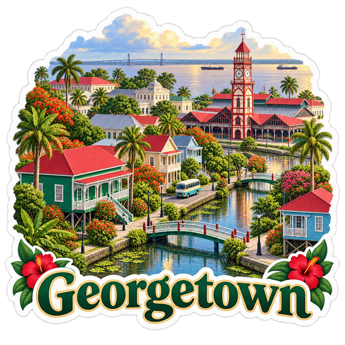 Georgetown Demerara Canals Market Clock Vinyl Sticker Decal