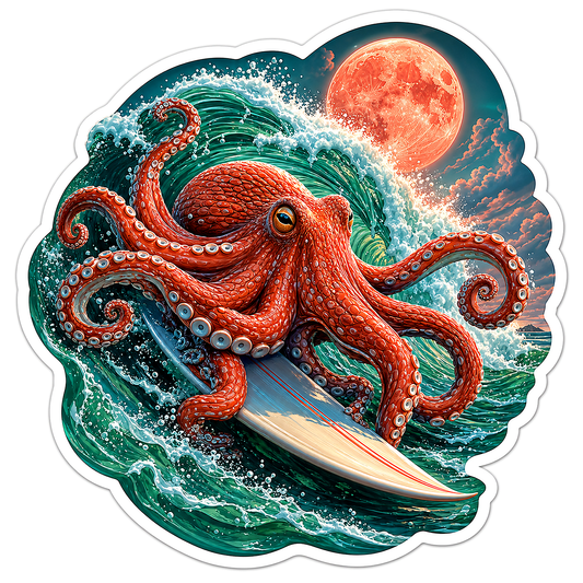 Red Octopus Surfing under Full Moon Vinyl Sticker Decal