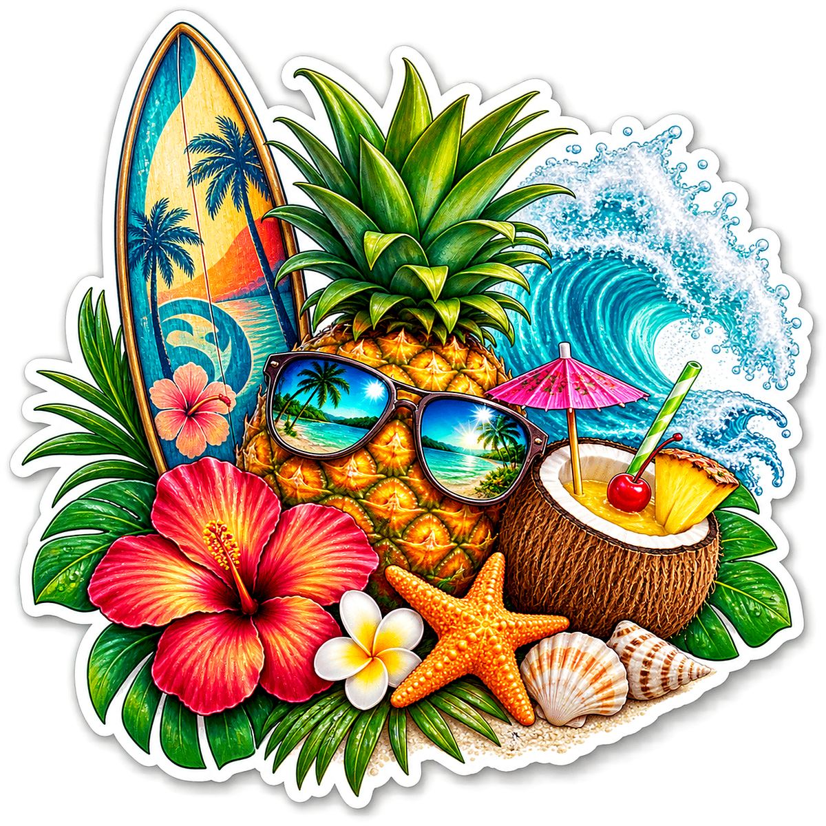 Pineapple Sunglasses and Surfboard Vinyl Sticker Decal
