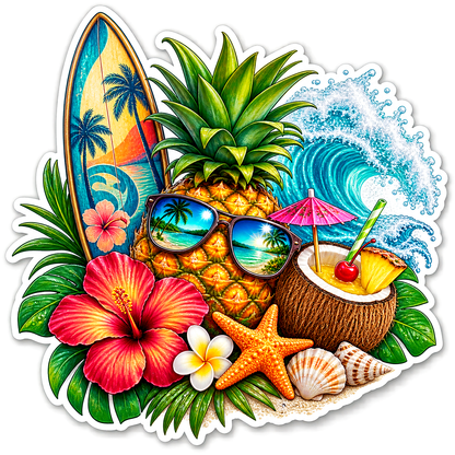 Pineapple Sunglasses and Surfboard Vinyl Sticker Decal