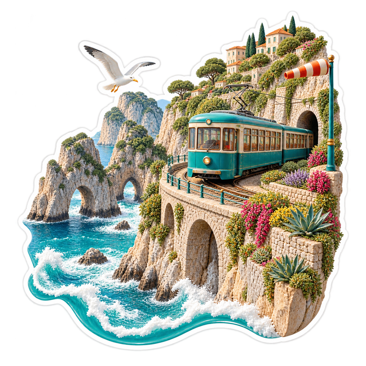 Coastal Cliff Teal Tram Sea Arches Vinyl Sticker Decal