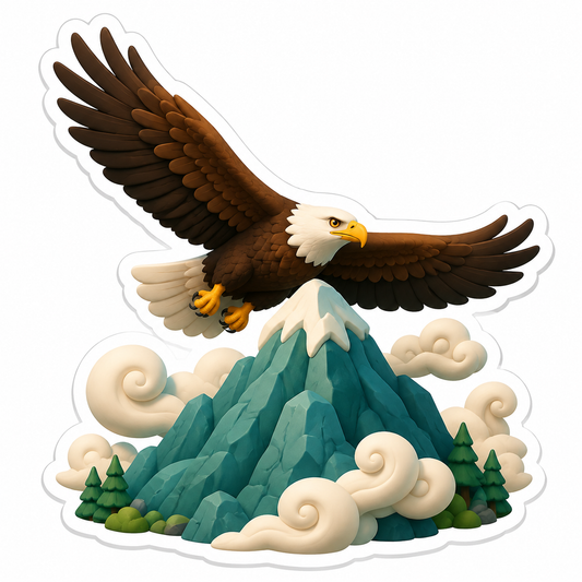 Brown Bald Eagle Gliding Over Teal Mountain Peak Vinyl Sticker Decal