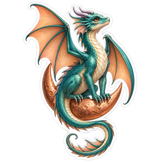 Teal Dragon Perched On Copper Crescent Moon Vinyl Sticker Decal