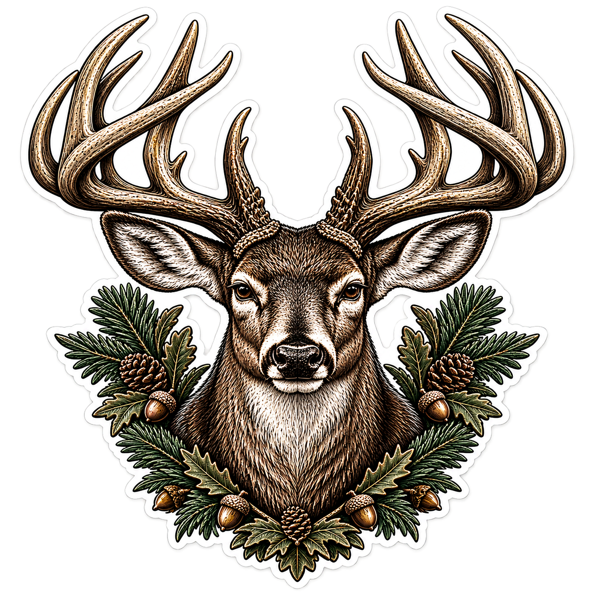 Whitetail Deer Head with Pine Branches Vinyl Sticker Decal