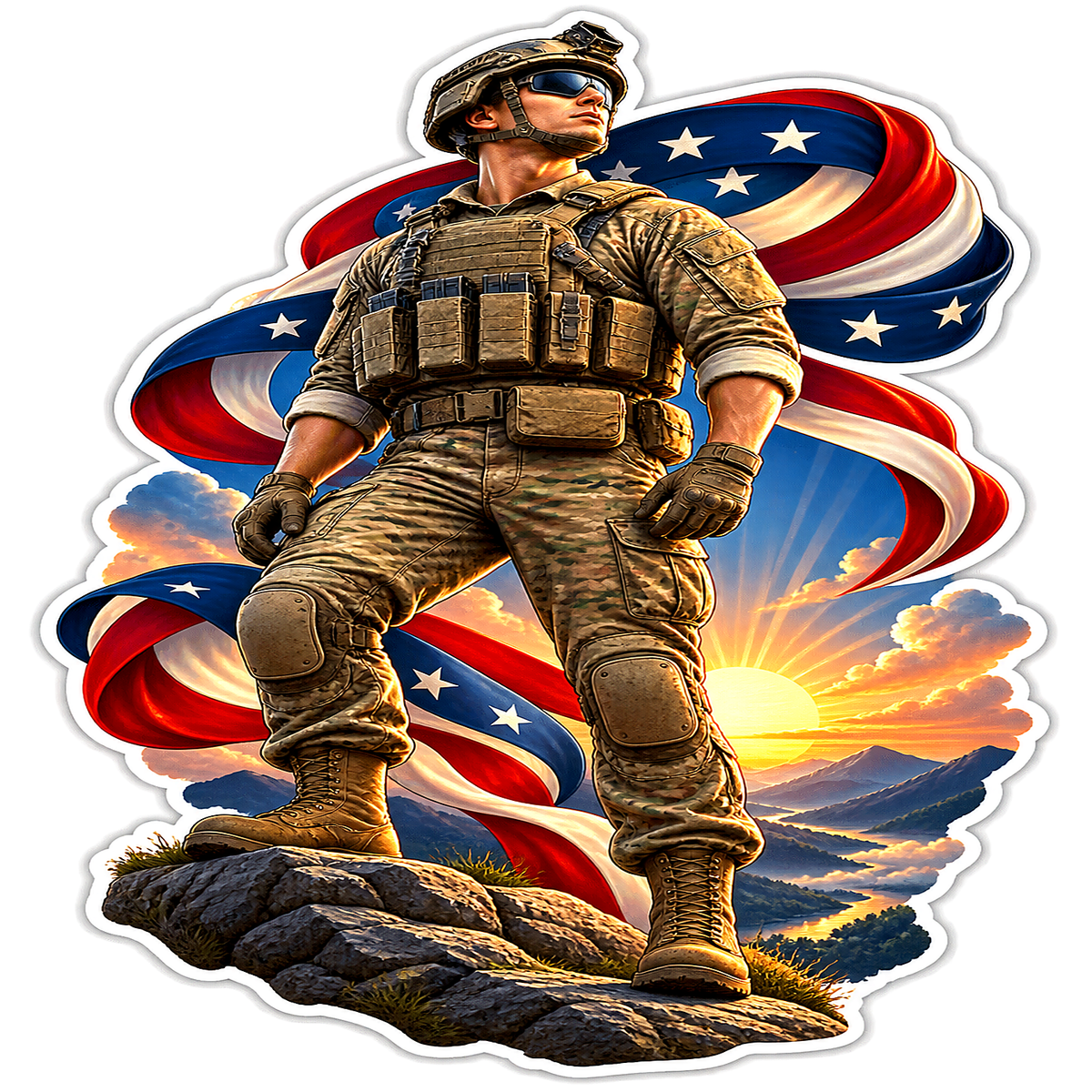 Soldier with Swirling Flag at Sunset Vinyl Sticker Decal