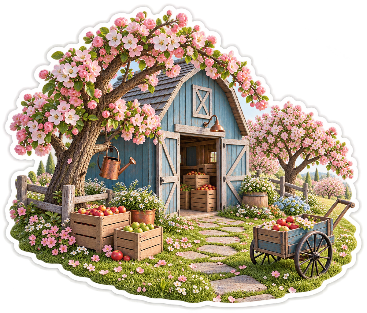 Blossom Orchard Blue Barn Handcart Vinyl Sticker Decal