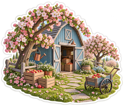 Blossom Orchard Blue Barn Handcart Vinyl Sticker Decal