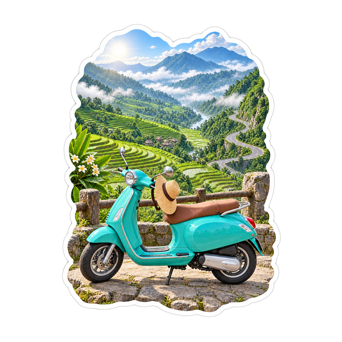 Turquoise Scooter Rice Terrace Overlook Vinyl Sticker Decal