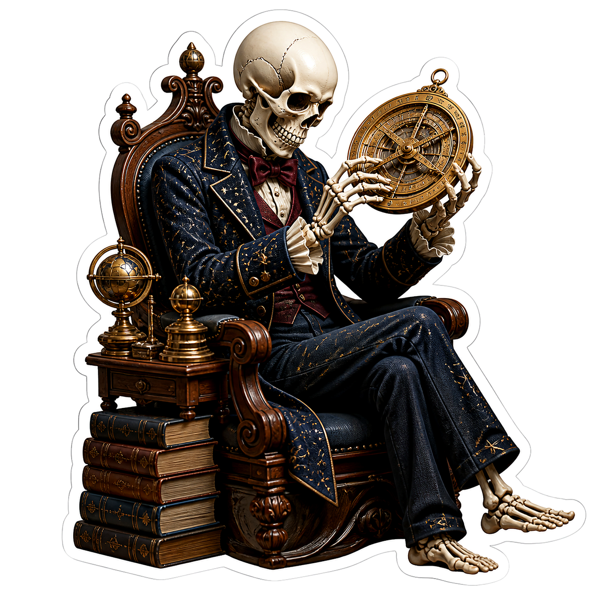 Seated Scholar Skeleton with Astrolabe Vinyl Sticker Decal