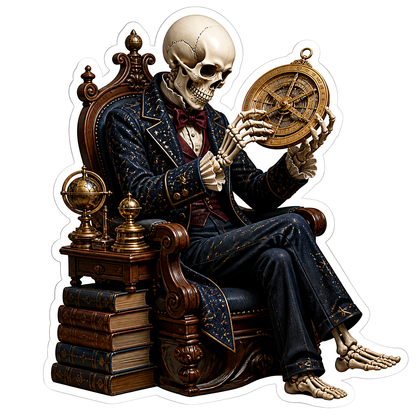 Seated Scholar Skeleton with Astrolabe Vinyl Sticker Decal