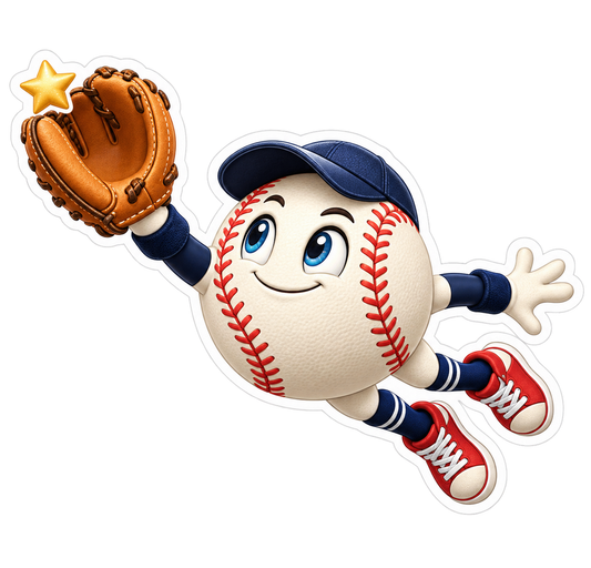 Baseball Mascot Diving Catch Red Sneakers Vinyl Sticker Decal