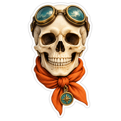 Skull with Aviator Goggles and Orange Scarf Vinyl Sticker Decal