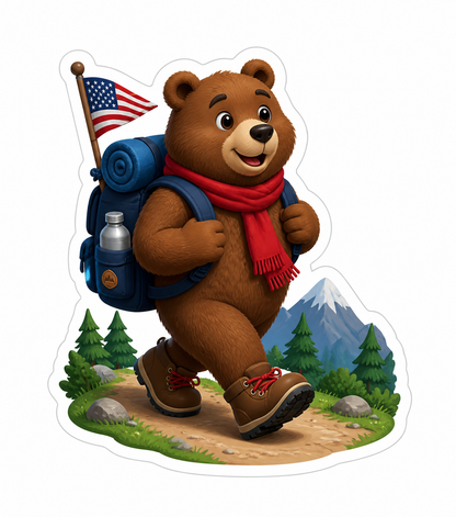 Brown Bear Hiking With Navy Backpack Vinyl Sticker Decal