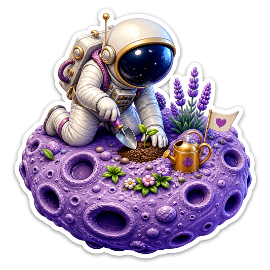Astronaut Gardening on Purple Moon Vinyl Sticker Decal